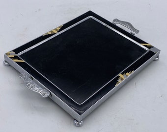 Chrome Art Deco Serving Tray with Enamel Accents and Glass Top