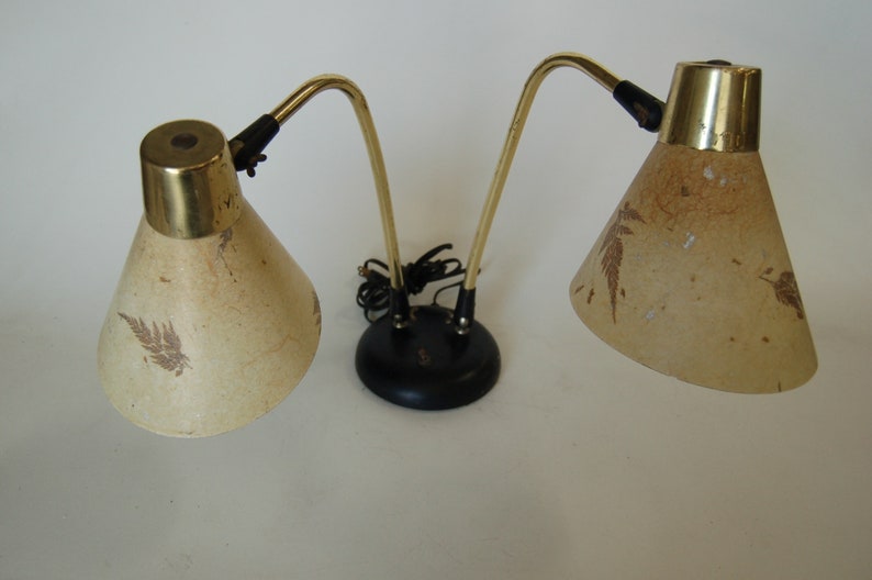 Double Gooseneck Brass Desk Table Lamp w/ Pressed Floral Fiberglass image 2
