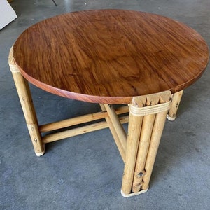 Restored Circular Rattan Side Coffee Table With Koa Wood Top image 9