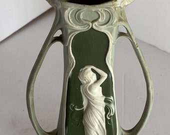 Schafer Vater German Bisque Green Jasperware Art Nouveau Maiden Bud Vase