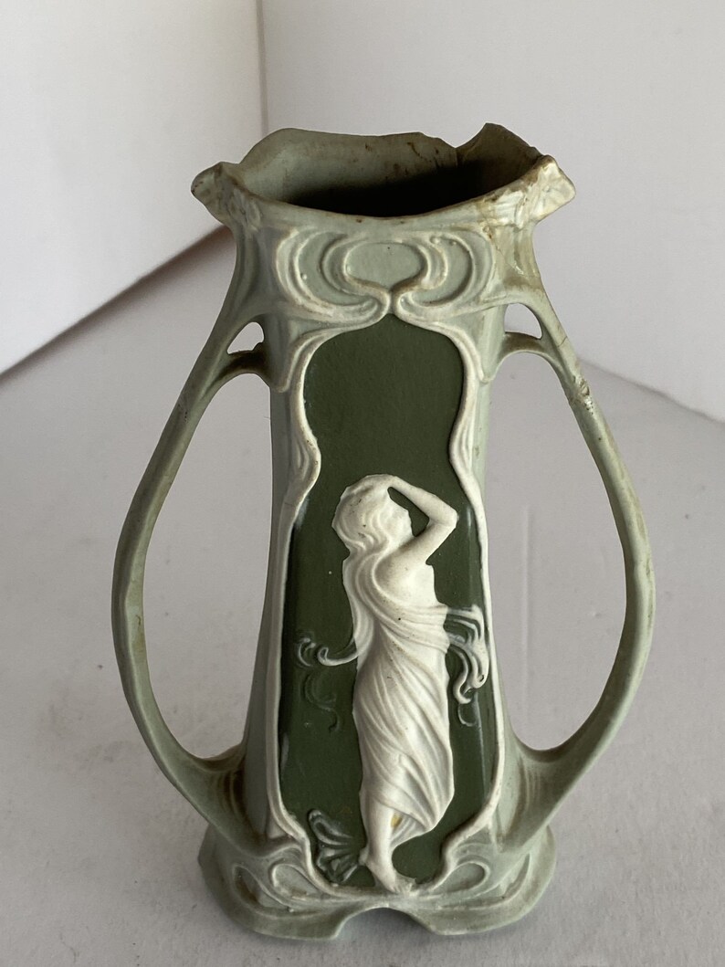 Schafer Vater German Bisque Green Jasperware Art Nouveau Maiden Bud Vase image 1