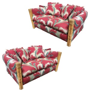 Restored Big Kings Plush Rattan Loveseat Sofa With 4 Strand Arms, Pair image 1