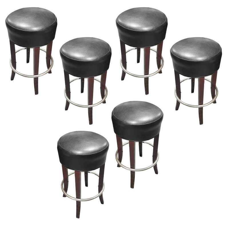 Black Leather Bar Stools with Chrome Foot Rests image 2