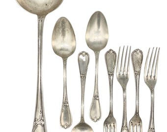 Cubiertos franceses del siglo XIX, L'Alfénide Christofle/Charles Halphen, bañados en plata, con cucharón