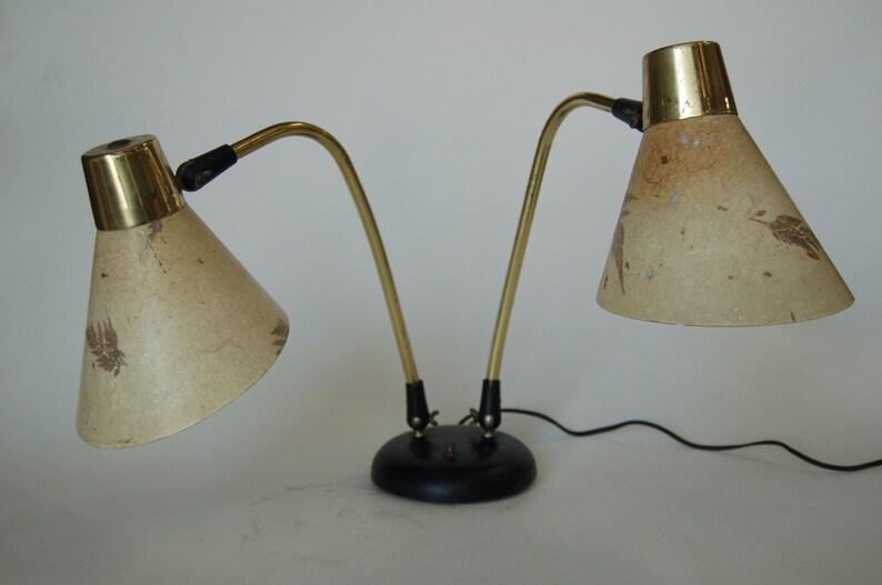 Double Gooseneck Brass Desk Table Lamp w/ Pressed Floral Fiberglass image 1