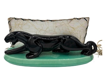 Mid-Century Black Panther Ceramic Statue Lamp w/ Whipple Stitch Fiberglass Shade