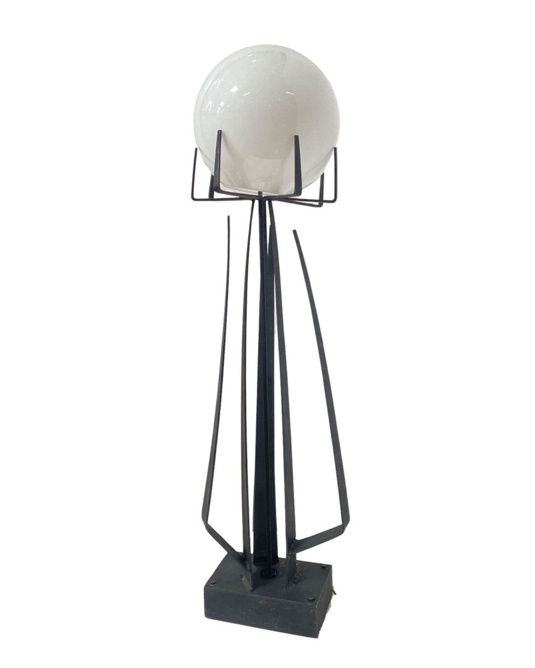 Brutalist Wrought Iron Sculptural Floor Lamp with Glass Shade by Jean Maylon