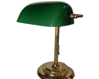 Brass Plated Bankers Desk Lamp w/ Green Glass Shade