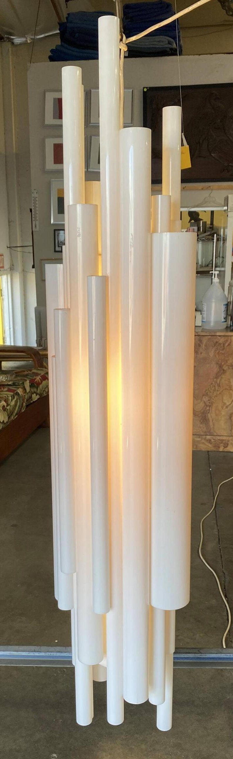 Modernist White Lucite Stacked Tube Chandelier by Rougier, Circa 1970s image 2