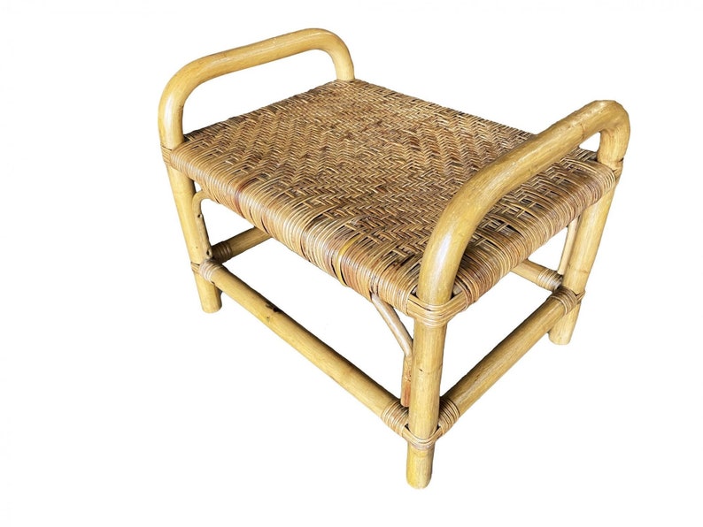 Restored Single Stand Rattan Staple Side Ottoman Stool W Woven Wicker Seat image 7