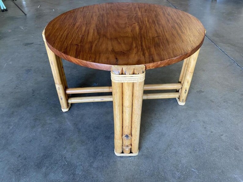 Restored Circular Rattan Side Coffee Table With Koa Wood Top image 5