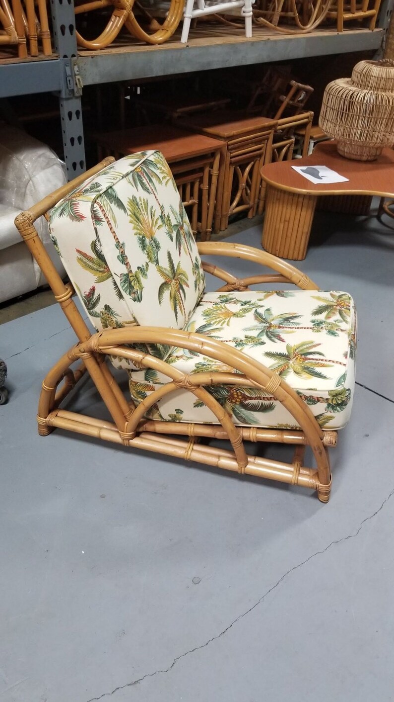 Restored Rattan 2-Strand Half Moon Lounge Chair with Palm Print Cushions zdjęcie 3