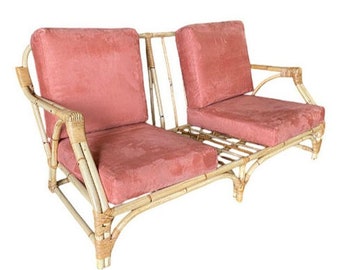 Mid-century 2-Strand Transitional Arm 3-Seat Petite Rattan Sofa w/ Arched Base