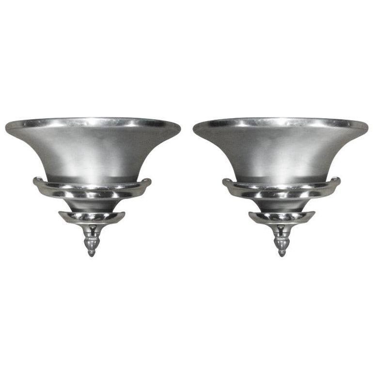 Brushed Aluminum Art Deco Demilune Wall Sconces by Walter Von Nessen, Pair 