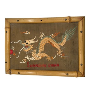 Post War Embroided Silk Art Imperial Chinese Dragon in Bamboo Frame image 3