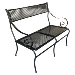 Woodard Wrought Iron Mesh Loveseat bench, Scrolling Arms