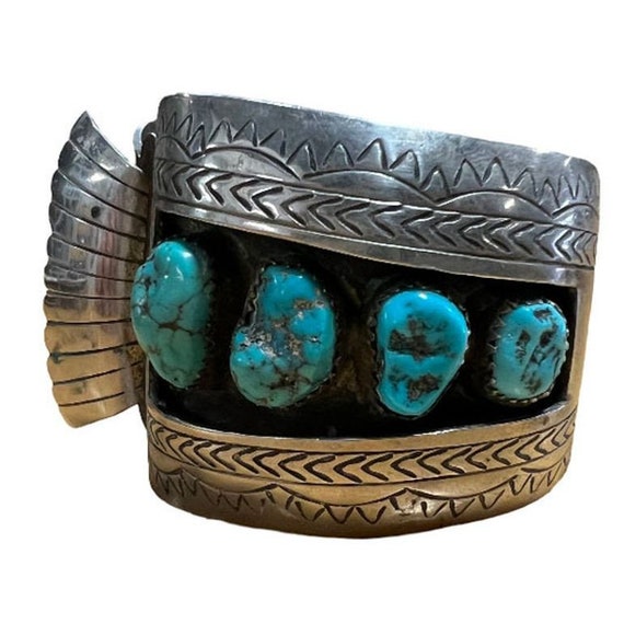 Silver Navajo Watchband Cuff w/ Bisbee Torqouise, Hyson Craig Style View 4
