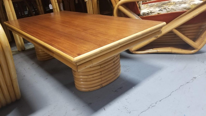 Restored Rattan Coffee Table with Stacked Legs and Mahogany Top image 7