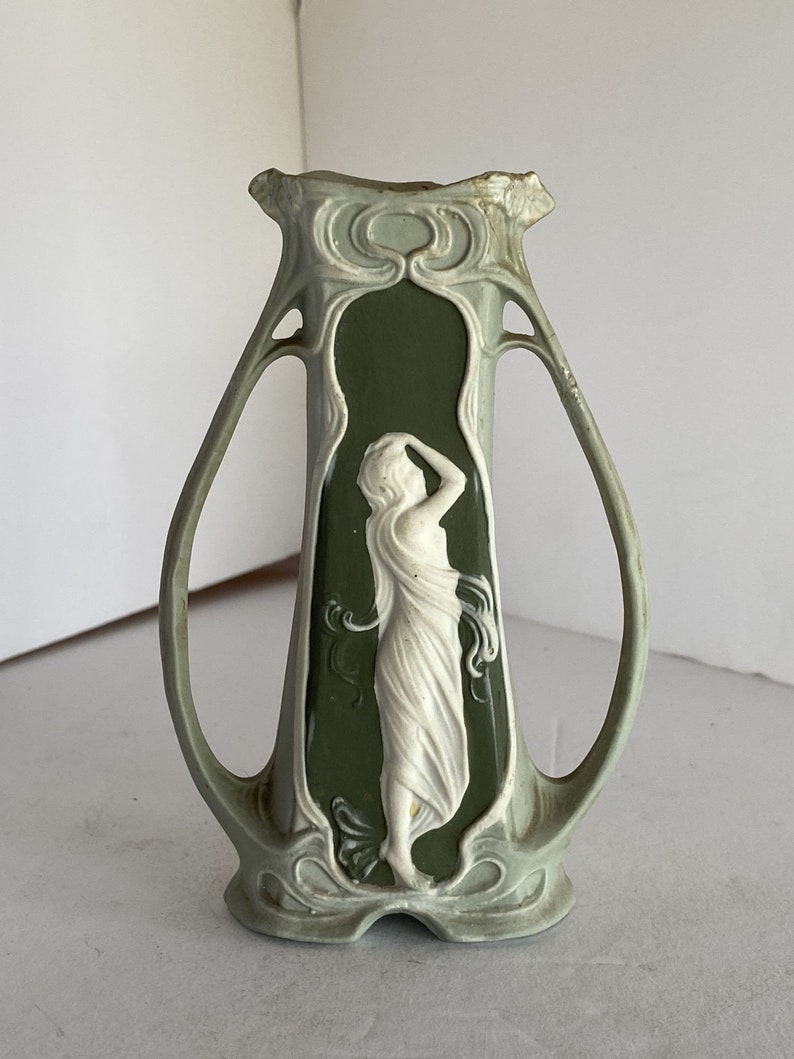 Schafer Vater German Bisque Green Jasperware Art Nouveau Maiden Bud Vase image 2