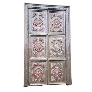Large 8' Mediterranean Multipaneled Molding Bronze Covered Walnut Double Doors