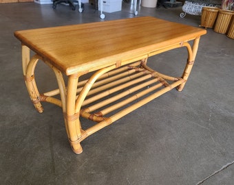Restored Two-Tier Rattan Coffee Table with Mahogany Top & Pole Bottom