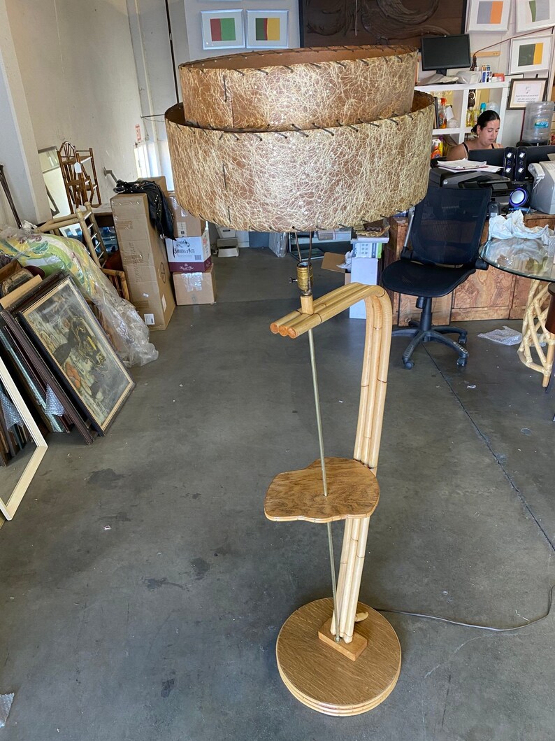 Restored Googie Asymmetric Pole Floor Lamp w/ Side Table & Fiberglass Shade image 4