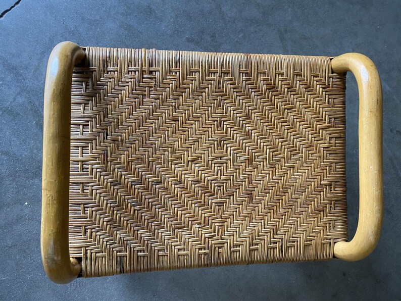 Restored Single Stand Rattan Staple Side Ottoman Stool W Woven Wicker Seat image 6