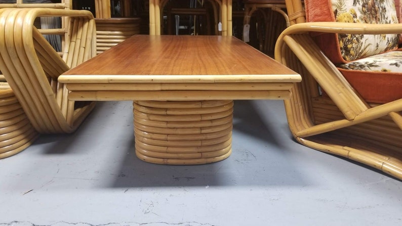 Restored Rattan Coffee Table with Stacked Legs and Mahogany Top image 9