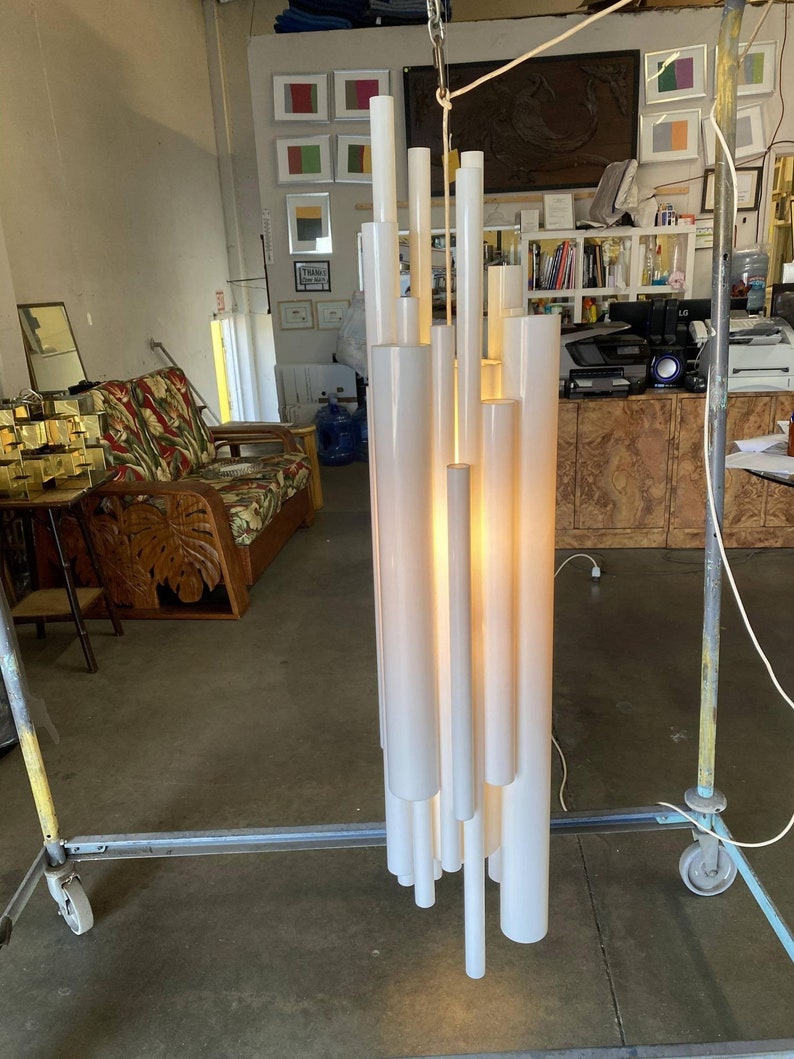 Modernist White Lucite Stacked Tube Chandelier by Rougier, Circa 1970s image 5