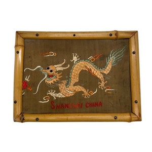 Post War Embroided Silk Art Imperial Chinese Dragon in Bamboo Frame image 1
