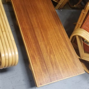 Restored Rattan Coffee Table with Stacked Legs and Mahogany Top image 4