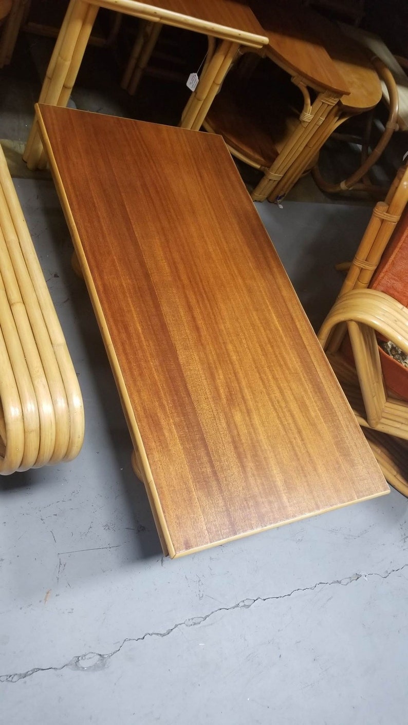 Restored Rattan Coffee Table with Stacked Legs and Mahogany Top image 4