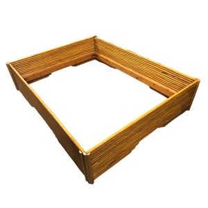 May include: A natural bamboo bed frame with a rectangular shape. The frame is made of woven bamboo slats and has a simple, rustic design.