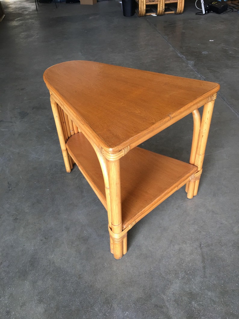Restored Rattan Wedge Drinks Table with Two-Tier Mahogany Tops image 5