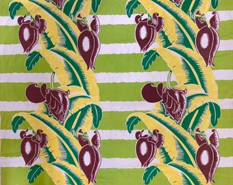 Wavy Green Striped Barkcloth with Tropical Banana Leaf Pattern