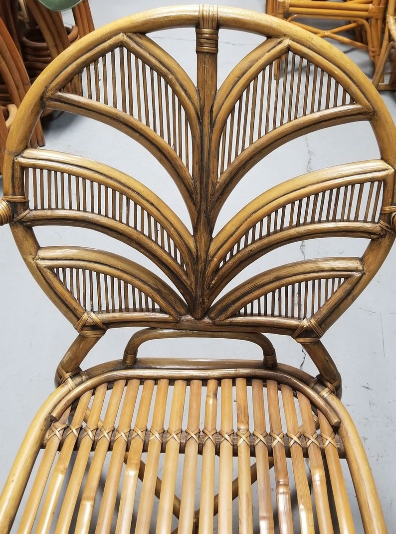 Restored Split Reed Rattan Fan Back Chairs and Glass Top Dining Table image 3