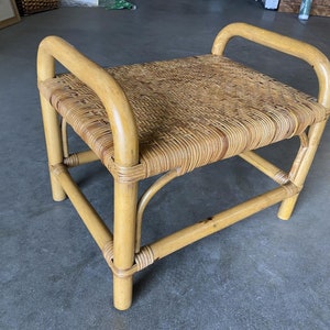 Restored Single Stand Rattan Staple Side Ottoman Stool W Woven Wicker Seat image 4