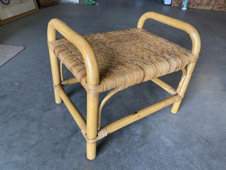 Restored Single Stand Rattan Staple Side Ottoman Stool W Woven Wicker Seat image 4