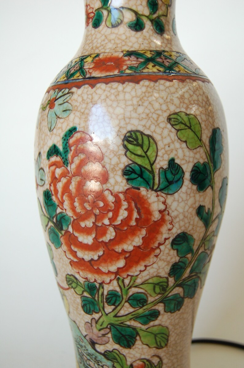 Post War Hand Painted Asian Floral Ceramic Table Lamp image 2