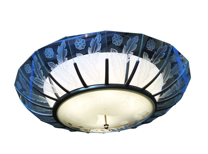 Modernist Tropical Etched Slat Glass Bowl Bronze Chandelier image 3