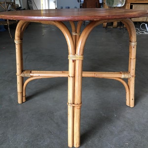 Restored Large 31 Round X Base Rattan Coffee Table with Oak Top image 3