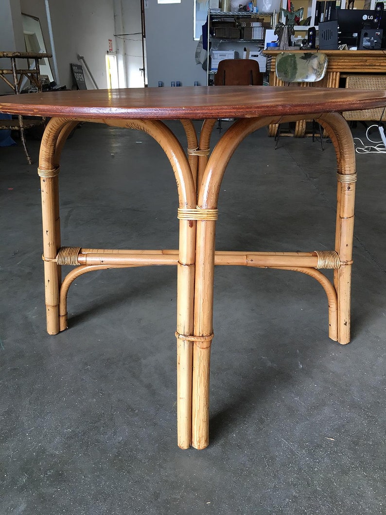 Restored Large 31 Round X Base Rattan Coffee Table with Oak Top image 3