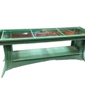 Restored Mid Century Green Woven Wicker TV Stand/Console Table w/ Glass Top image 1