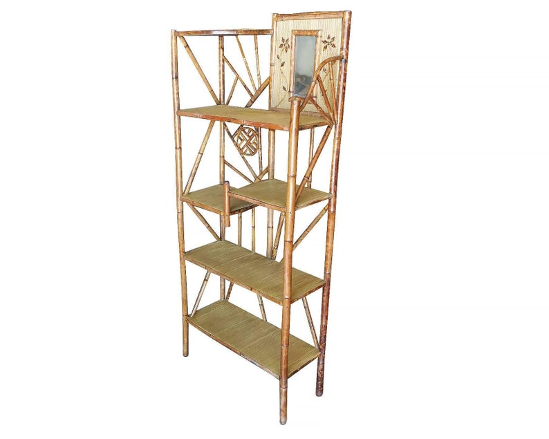 Restored Vintage Bamboo Six-Tier Hallway Shelf With Vanity Mirror image 4