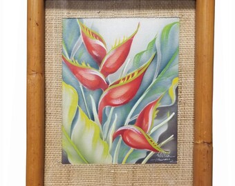 Mid Century Framed Hawaiian Painting "Heliconia" by Hale Pua (Frank Oda)