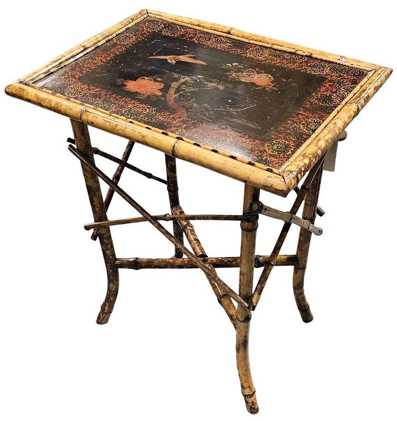 Original Hand Painted Tiger Bamboo Pedestal Side Table image 1
