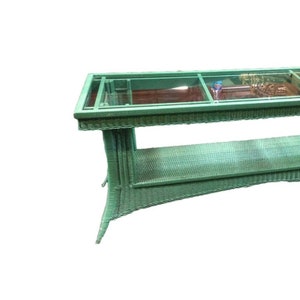 Restored Mid Century Green Woven Wicker TV Stand/Console Table w/ Glass Top image 2