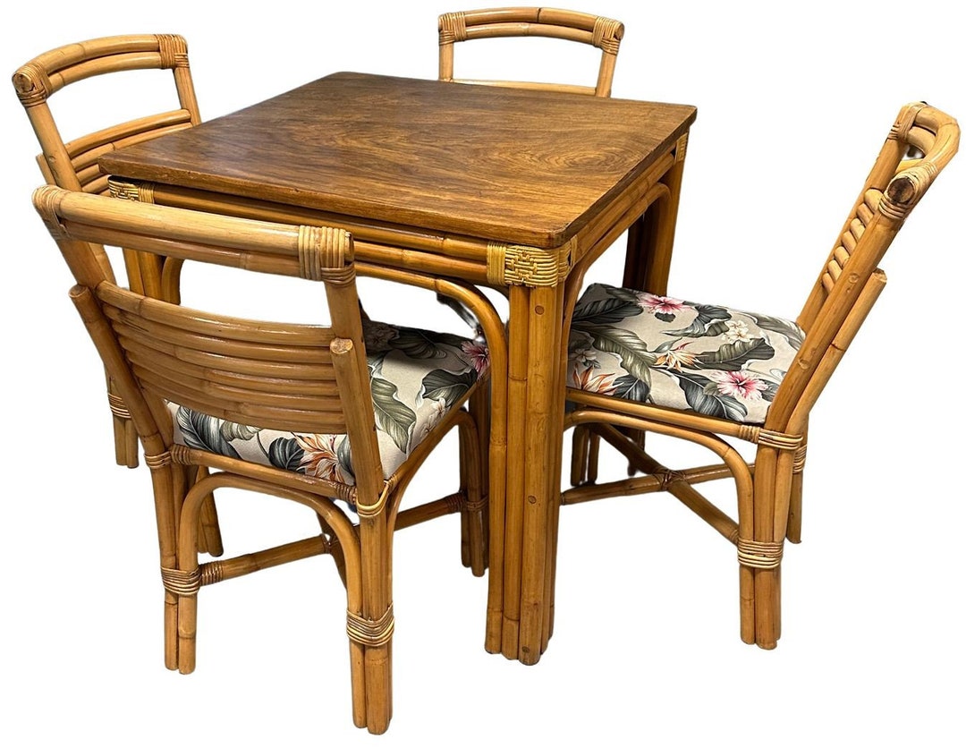 Restored Rattan Square Koa Wood Dining Table With Stacked Rattan Chairs