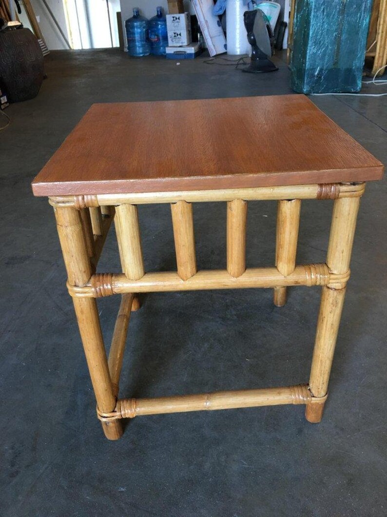 Set of 3 Rattan Nesting Side Tables w/ Mahogany Top image 5