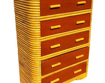 Restored Paul Frankl Style Stacked Rattan & Mahogany Art Deco Highboy Dresser